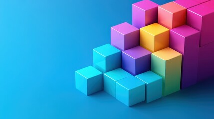 Obraz premium Colorful Geometric Cubes Stacked in a Growth Pattern on a Blue Background