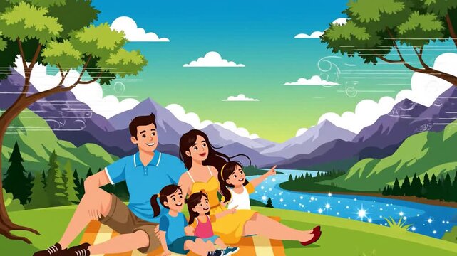 Animated family enjoying picnic outdoors near river and mountains cartoon style illustration perfect for kids content