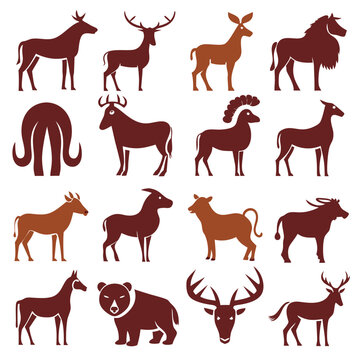 Collection of animal silhouette icons in brown tones