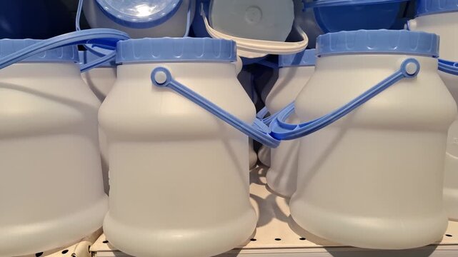 Row of white plastic canisters with blue handles and lids on store shelf. Industrial packaging solutions for liquids, bulk food storage, dairy products. Opaque jugs. Containers with screw caps