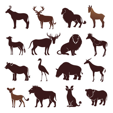 Collection of Animal Silhouettes in Brown Tone Flat Design