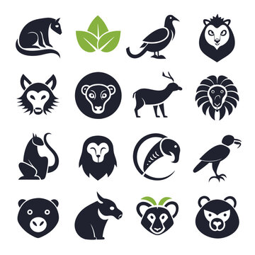 Collection of stylized animal icons and green leaf elements