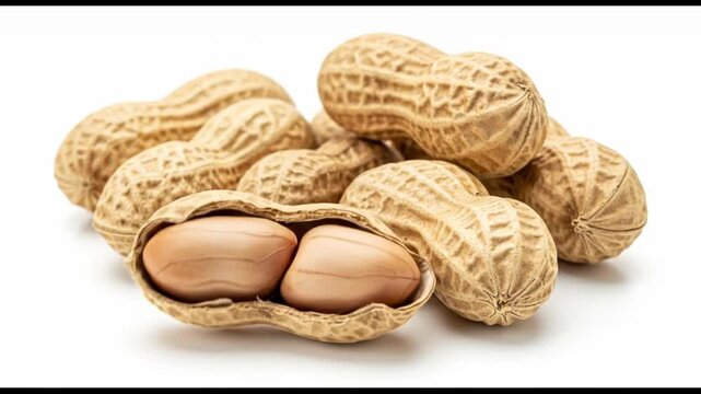 A pile of peanuts with one partially shelled on a white background