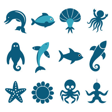 Blue aquatic animal icon set on a white background