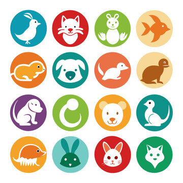 Colorful animal icons in circle shapes, vector illustration art