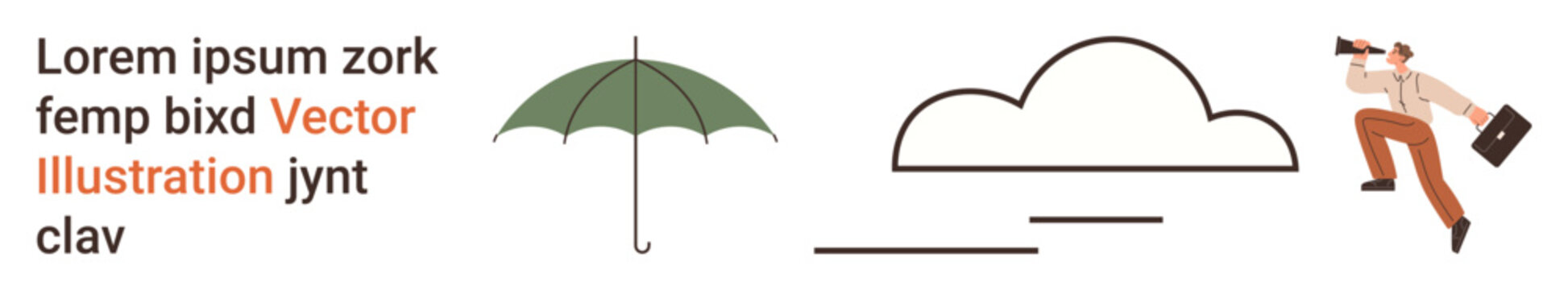 Business strategy, weather forecasting, exploration, outdoors, minimalism, abstract design. Green umbrella, minimal cloud outline person with telescope. Business strategy and weather forecasting