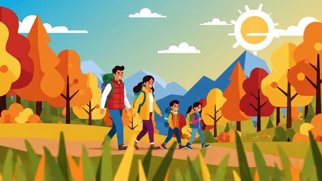 Animated family hike in autumn forest cartoon style scenic landscape with vibrant foliage and mountain views generates a peaceful outdoors experience