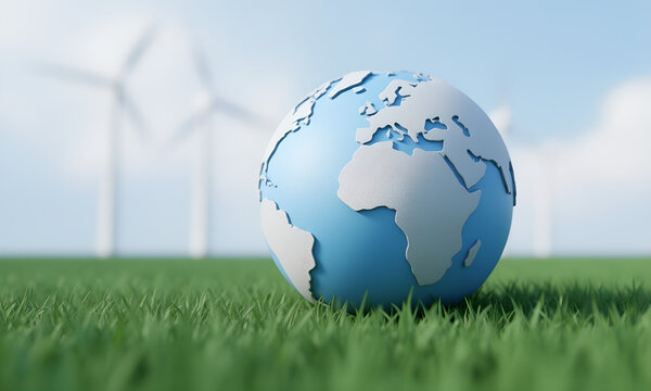 Vibrant 3D Earth globe resting on green grass with wind turbines for renewable energy