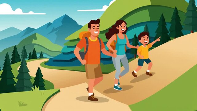 Animated family hiking adventure happy parents and son explore nature trail together in scenic mountain landscape with cartoon style graphics