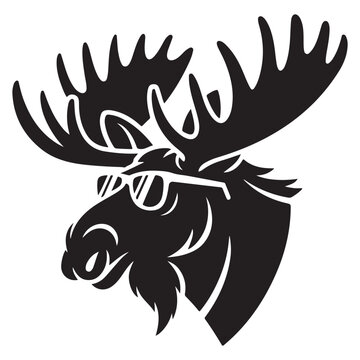 A cool moose wearing sunglasses is depicted in a striking black silhouette