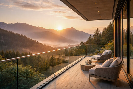 Luxury balcony with mountain view at sunrise