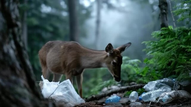 Wild deer standing among plastic trash and litter in misty forest