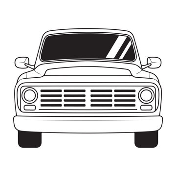 A detailed front view illustration of a classic pickup truck in black and white silhouette