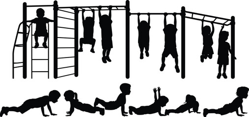 Children activity silhouette illustration, playground climbing and monkey bars with floor exercises, fitness and play theme, vector art, black isolated bold design for lifestyle visuals © Lalchan