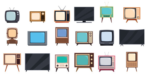 Retro and modern television. Old style televisions with tube glass screens in wide housings. Flat modern narrow tv, curved screen without frame, sapid vector set