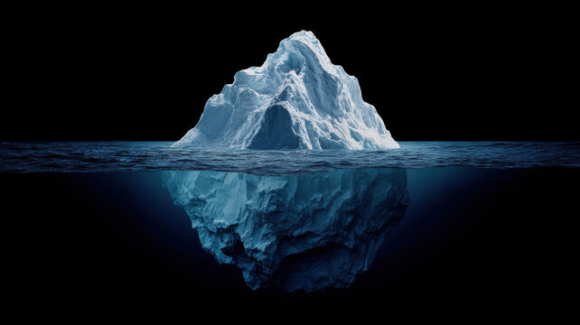 Winter season adventure exploration. An iceberg floating in the ocean, its reflection shimmering on the waters surface. The dark background emphasizes the iceberg.