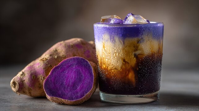 Luxury ube cold foam macchiato iced coffee with purple sweet potato