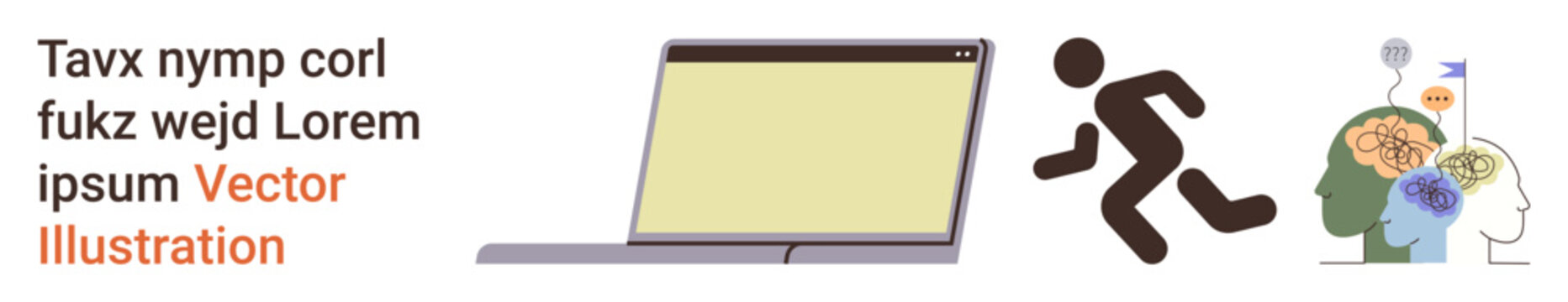 Education, technology, health, brain function, motion, cognitive development. Graphic shows a laptop, a running figure and a brain inside a head. Education and technology concepts illustrated