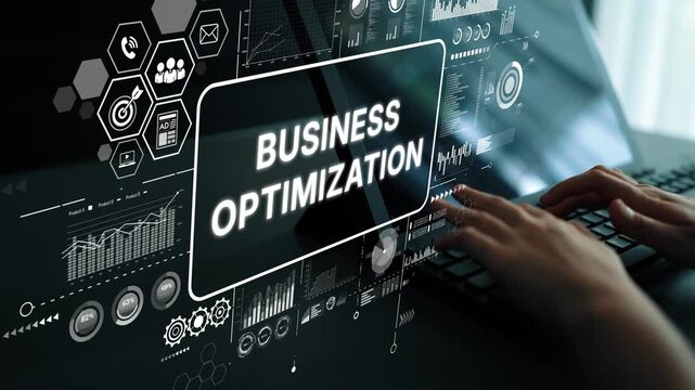 Hands Typing on Keyboard with Business Optimization Concept and Digital Interface Elements in Background. Asymptotic smart data analytic.