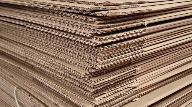 Stack of corrugated cardboard sheets in warehouse. Industrial eco-friendly packaging material, paper recycling, logistic, shipping, delivery services, house moving, trade. Flat folded boxes piled high