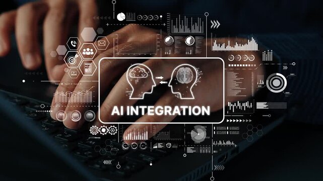Hands Using Laptop with AI Integration Concept and Data Visualization Elements on Screen, Focus on Technology and Innovation. Asymptotic smart data analytic.