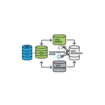 Data transformation and warehouse flow diagram icon