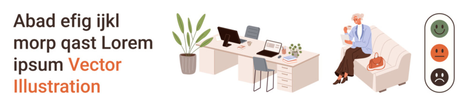 Workplace equilibrium, emotional wellbeing, productivity, aging lifestyle, digital interaction, evaluation systems. Office desk setup with a couch and a mood-rating scale. Workplace and emotional