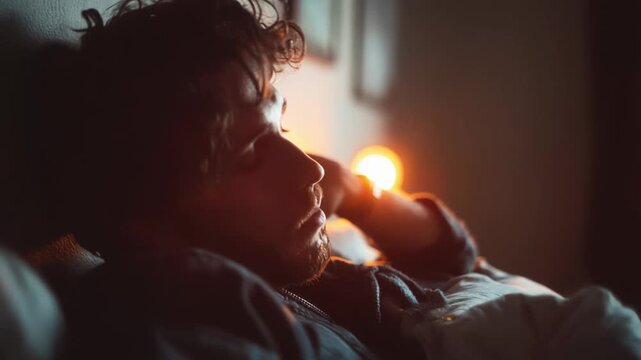 Man sleeping peacefully in bed with warm light illuminating his face and hair