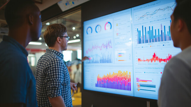 data scientist analyzing big data dashboard with glowing analytics charts and graphs on transparent screen