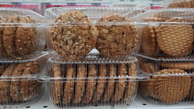 Oatmeal cookies with various seeds in transparent plastic packaging on retail shelf. Healthy snacks with visible grains, sunflowers, and sesame seeds. Multigrain biscuits
