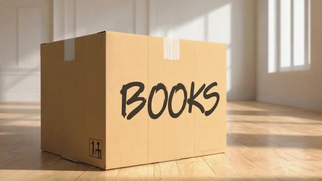 Books in moving boxes.