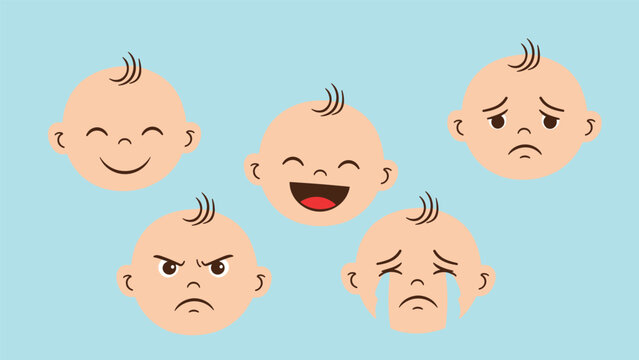 Collection of five baby faces displaying various emotions such as happiness sadness anger and laughter for psychological studies.