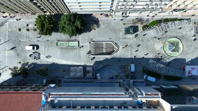 Aerial drone cinematic video of famous Korai street in front of Athens neoclassic trilogy, Academy, University and Library, Attica, Greece