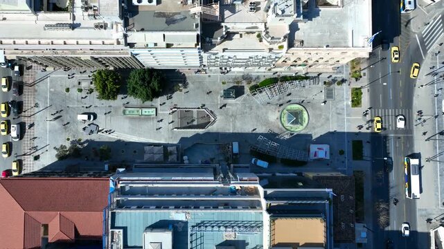 Aerial drone cinematic video of famous Korai street in front of Athens neoclassic trilogy, Academy, University and Library, Attica, Greece
