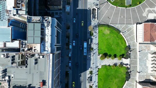 Aerial drone cinematic video of famous Korai street in front of Athens neoclassic trilogy, Academy, University and Library, Attica, Greece