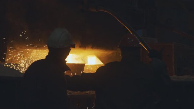 Red hot metal in a modern factory. Metal production process in a metallurgical factory. Modern metallurgical factory. Men workers heat and grind details. Steelworks, Manufactory, modern technology