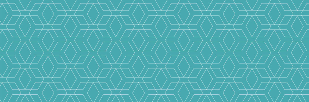 Turquoise background with white outline hexagons. Blue seamless pattern of honeycomb grid. Abstract futuristic background with line hexagon mosaic, vector illustration