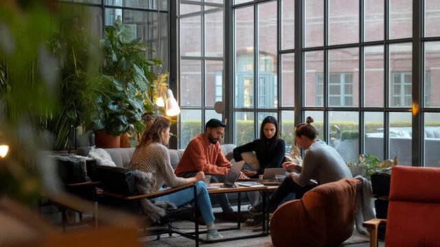 Diverse group of young professionals collaborating on laptops in a modern coworking space