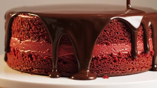 Rich dark chocolate cake with red velvet layers and ganache frosting being poured over the top, a decadent dessert, chocolate sauce