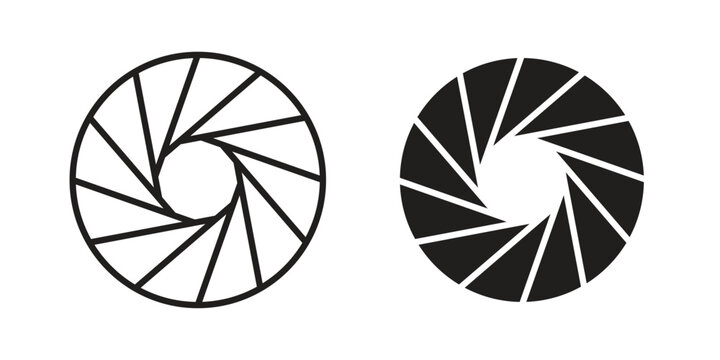 Aperture icon set in black outline and fill. Editable icons