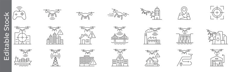 Drone surveillance and aerial monitoring icon set – editable outline symbols of UAV, mapping, target, attack, blast, city, factory, ship, warehouse industry and infrastructure © marufpro555777
