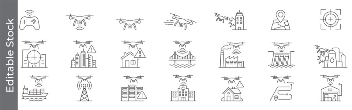 Drone surveillance and aerial monitoring icon set &ndash; editable outline symbols of UAV, mapping, target, attack, blast, city, factory, ship, warehouse industry and infrastructure