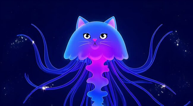Vibrant cartoon cat jellyfish hybrid with sparkling tentacles and glowing eyes underwater