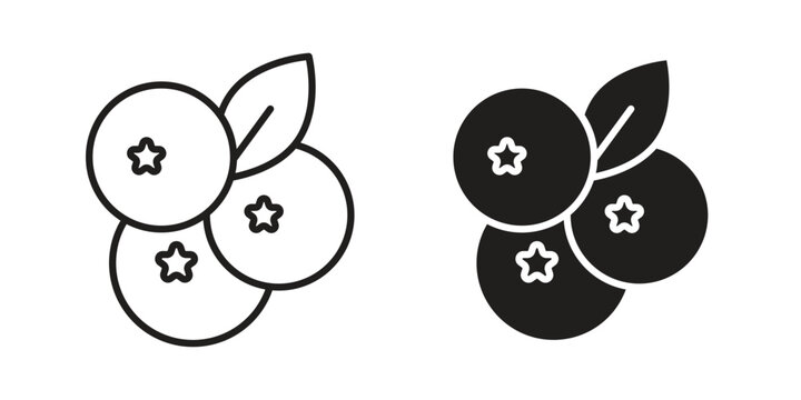 Blueberries icon set in black outline and fill. Editable icons