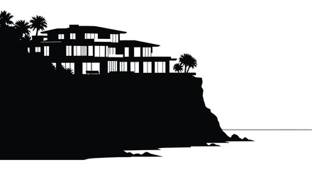 A modern multi level coastal home stands dramatically on a cliff overlooking the ocean depicted as a silhouette high quality professional detailed © GDSneha02