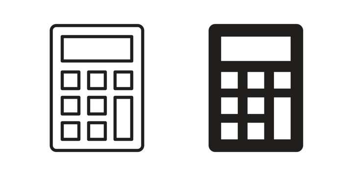 Calculator icon set in black outline and fill. Editable icons