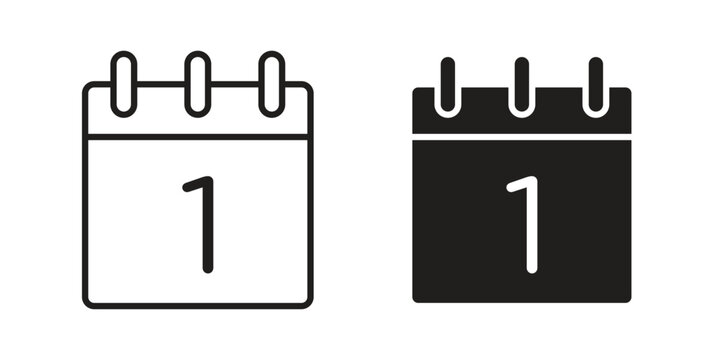 Calendar day icon set in black outline and fill. Editable icons
