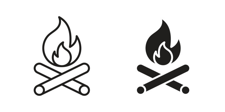 Campfire icon set in black outline and fill. Editable icons