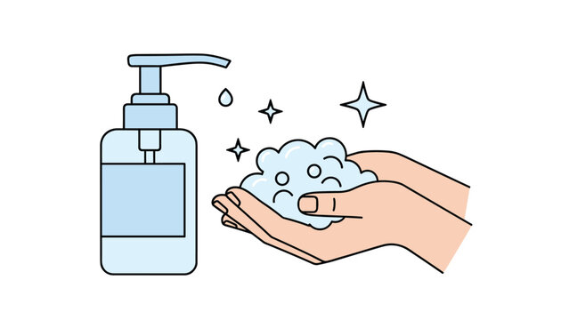 Person washing hands with liquid soap from a dispenser creating plenty of bubbles for hygiene and virus protection.