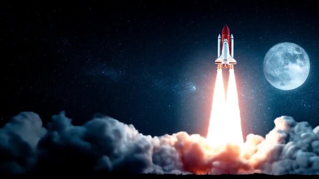 Space shuttle launching into night sky with full moon